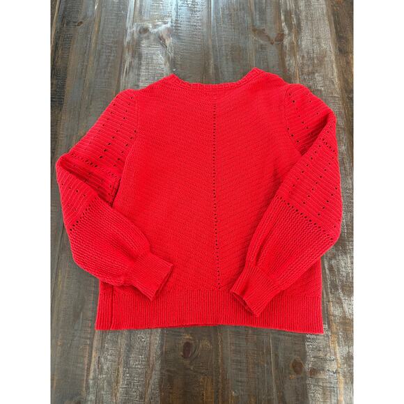 Puff Sleeve Sweater Womens Size Medium Red Pointelle Knit Crewneck - Picture 7 of 7